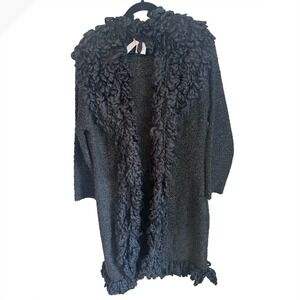 Vintage Barami Black Boucle Loop Knit Trim Open Duster Cardigan Wool L